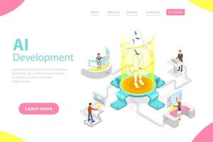 Flat isometric landing page template of AI development. vector