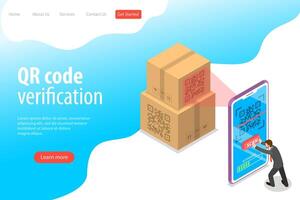 Isometric flat landing page template of QR code, barcode scanning. vector