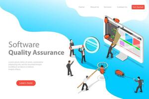 Isometric flat landing page template of software quality assurance. vector