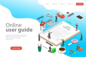 Isometric flat landing page template of user manual, guide. vector