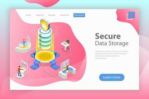Flat isometric landing page template of secure online storage. vector