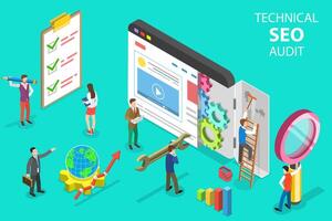 Isometric flat concept of technical SEO audit, search engine strategy. vector