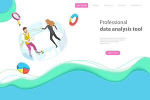 Flat isometric landing page template for data analysis. vector