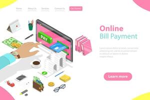 Flat isometric landing page template of bill payment, shopping. vector