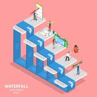 Flat isometric concept of waterfall methodology, software development. vector