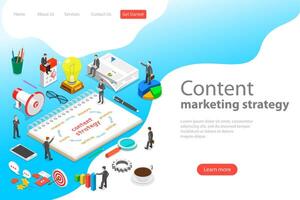 Isometric flat landing page template of content marketing strategy. vector