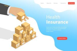 Isometric flat landing pate template of health insurance, healthcare. vector