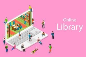 Isometric flat concept of online library, education, reading. vector