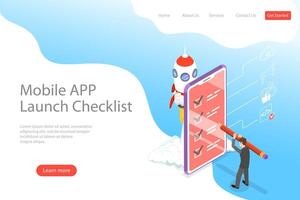 Flat isometric landing page template for mobile app launch checklist. vector