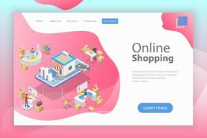 Flat isometric landing page template of easy shopping, e-commerce. vector