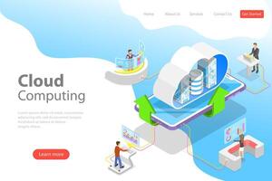 Isometric flat landing page template of cloud computing technology. vector