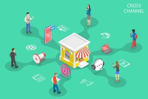 Isometric flat concept of cross channel, omnichannel. vector