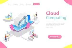 Isometric flat landing page template of cloud computing technology. vector