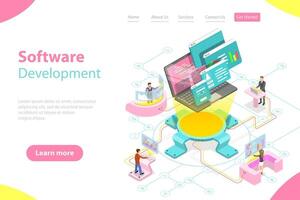 Flat isometric landing page template of software development. vector