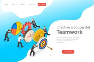 Flat isometric landing pate template of effective teamwork. vector