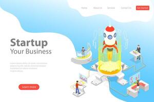 Flat isometric landing page template of new business startup. vector