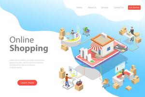 Flat isometric landing page template of easy shopping, e-commerce. vector