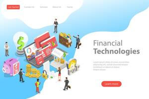 Isometric flat landing page template of fintech, financial technology. vector