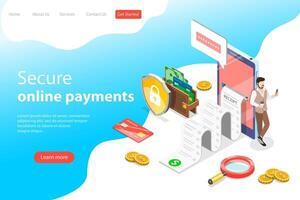 Flat isometric landing page template of secure online payment, receipt. vector