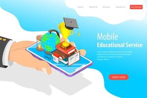 Flat isometric landing page template of mobile education, e-learning. vector