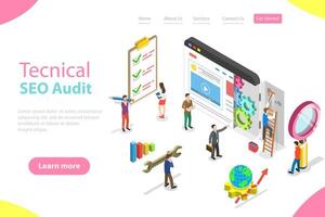 Isometric flat landing page template of technical SEO audit. vector