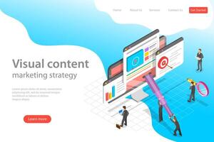 Isometric flat landing page template of visual data marketing strategy. vector