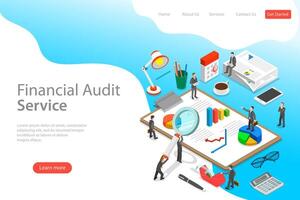 Flat isometric landing page template of financial audit service. vector