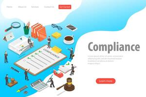 Flat isometric landing page template of regulatory compliance. vector