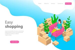 Flat isometric landing page template for easy shopping, e-commerce. vector