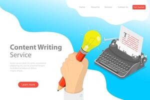 Flat isometric landing page template of creative writing, copywriting. vector