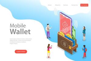 Isometric flat landing page template of digital mobile wallet. vector