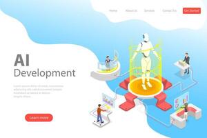 Flat isometric landing page template of AI development. vector
