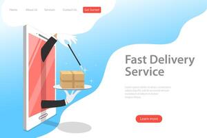 Isometric flat landing page template of fast delivery service. vector