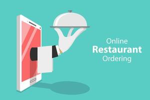 Flat isometric concept of table online reservation, mobile booking. vector