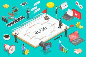 Flat isometric concept of blog, vlog, creating online channel. vector
