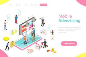 Flat isometric landing page template of mobile advertising. vector