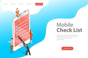 isométrica plano concepto de móvil Lista de Verificación, tarea exitoso terminación. vector