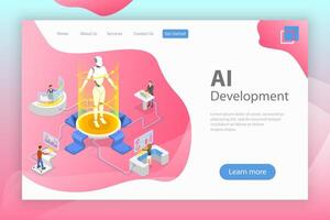 Flat isometric landing page template of AI development. vector