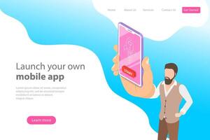 Flat isometric landing page template for mobile app launch. vector