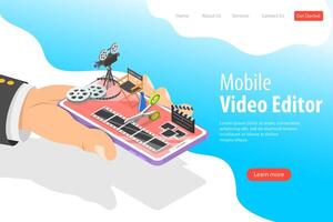 Isometric flat landing page template of editing app. vector