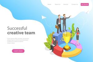 Flat isometric landing page template for successful creative team. vector