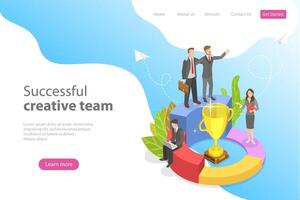 Flat isometric landing page template for successful creative team. vector