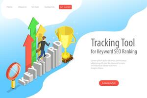 Flat isometric landing page template of tracking tool for keyword ranking vector