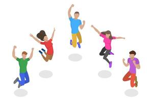 Isometric flat concept of jumping happy people, team success. vector