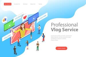 Flat isometric landing page template of vlog, blog, online channel. vector