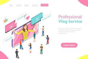 Flat isometric landing page template of vlog, blog, online channel. vector