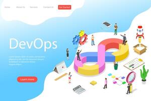 Isometric flat landing page template of DevOps. vector