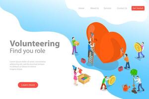 Isometric flat landing page template of volunteering and support. vector