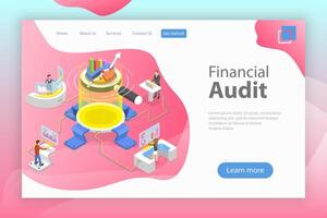 Flat isometric landing page template of financial audit service. vector