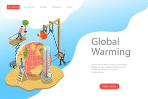 Isometric flat landing page template of global warming, climate change. vector